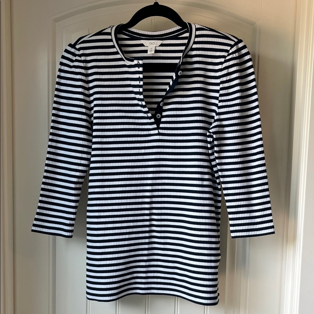 1901 Navy & White Striped Ribbed Henley Top - 3/4 Sleeve